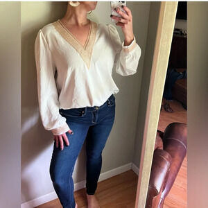 Shein Cream/Ivory Womens XL Blouse with Embroidered Neckline